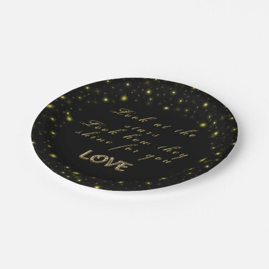 Goud en sparkles sterren op zwart papieren bordje (Gekanteld)