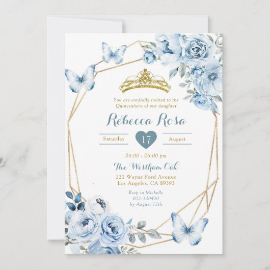 Goud en Stoffig Blauw Bloemen Kroon Quinceañera Kaart (Voorkant)