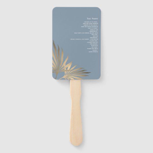 Goud en Stoffig Blauw Huwelijksprogramma Hand Fan Handwaaier (Achterkant)