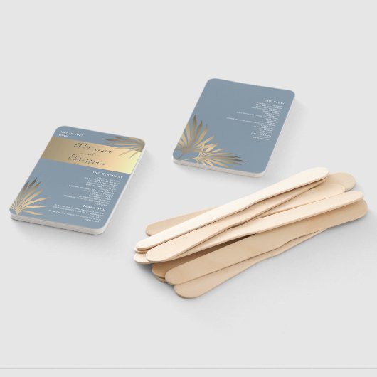 Goud en Stoffig Blauw Huwelijksprogramma Hand Fan Handwaaier (Niet-gemonteerd)