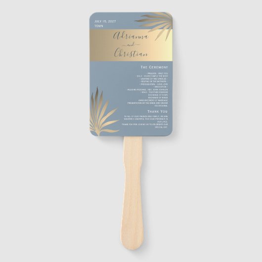 Goud en Stoffig Blauw Huwelijksprogramma Hand Fan Handwaaier (Voorkant)