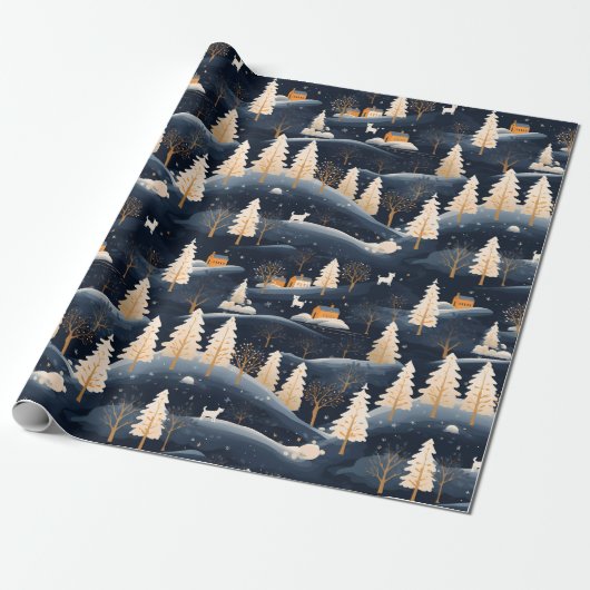 Goud en Stoffig Blauw Winter Cadeaupapier (Uitgerold)