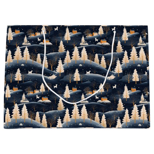 Goud en Stoffig Blauw Winter Groot Cadeauzakje (Voorkant)