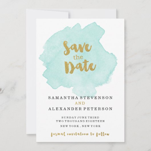 Goud en Teal Blush Save the Date (Voorkant)