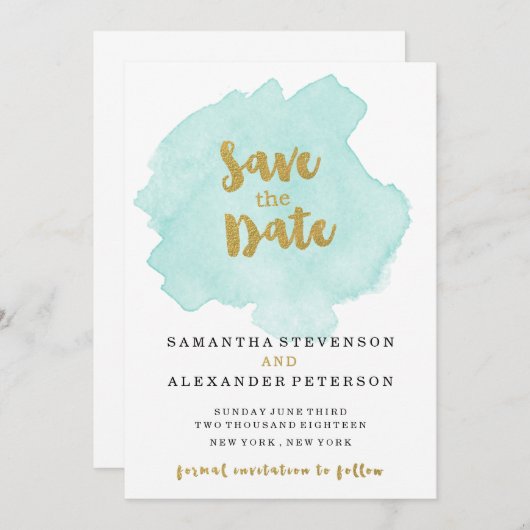 Goud en Teal Blush Save the Date (Voorkant / Achterkant)