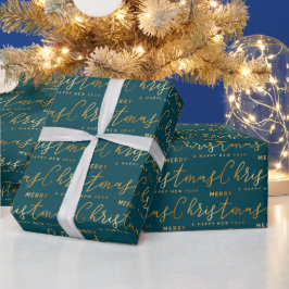 Goud en Teal Prettig Kerstmis Woord Kunst Cadeaupapier