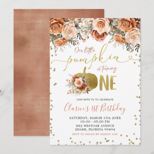 Goud en Terracotta Bloemenpompoen Eerste Verjaarda Kaart (Voorkant / Achterkant)