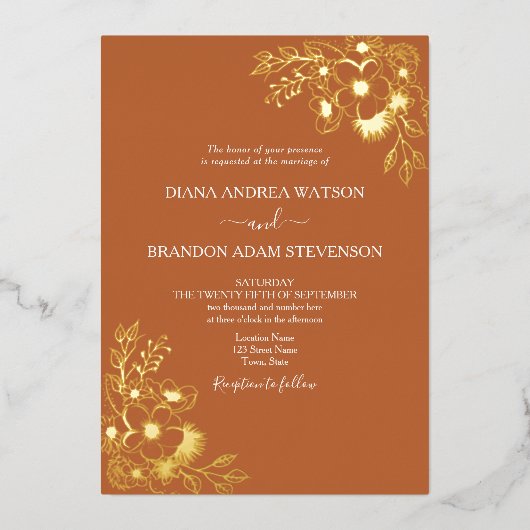 goud en terracotta bruiloft QR-code Folie Uitnodiging (Voorkant)