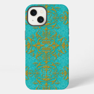 Goud en Turquoise Damast Stijl Patroon iPhone 13 Hoesje