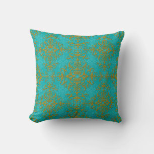 Goud en Turquoise Damast Stijl Patroon Kussen