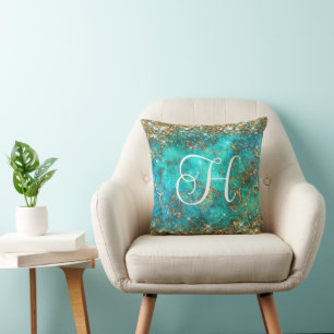 Goud en Turquoise Edelsteen Glam Monogram Kussen