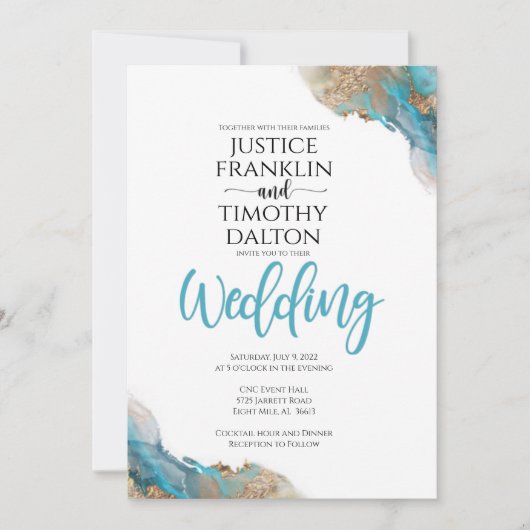 Goud en turquoise elegante trouwkaart aankondiging (Voorkant)