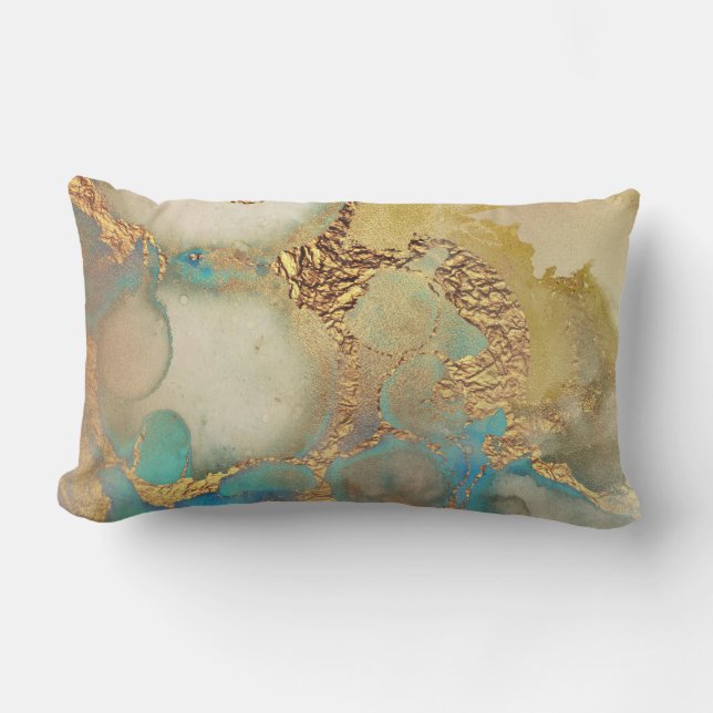 goud en turquoise geschilderd kussen (Voorkant)