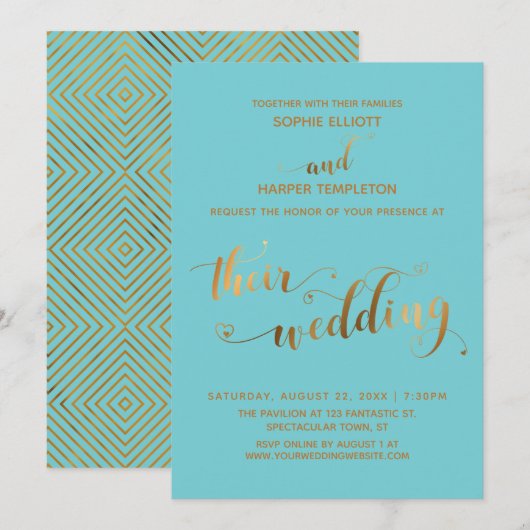 Goud en Turquoise Hun Trouw Hart Script Kaart (Voorkant / Achterkant)