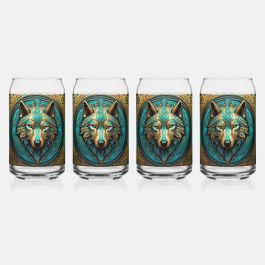 Goud en Turquoise Wolf Head Blikvorm Glas (Voorkant)
