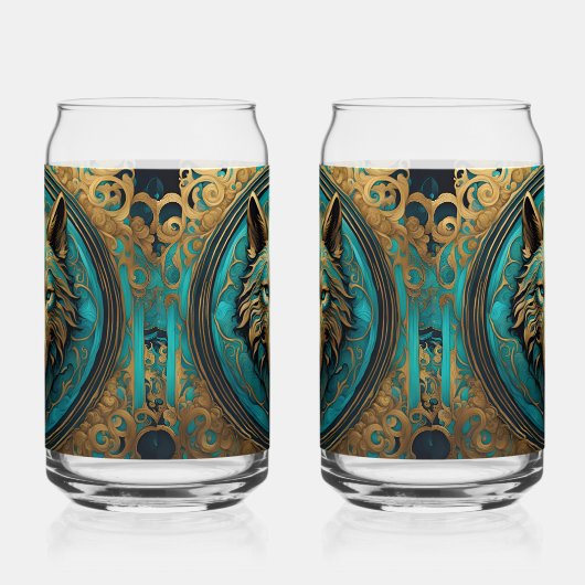 Goud en Turquoise Wolf Head Blikvorm Glas (Rechts)