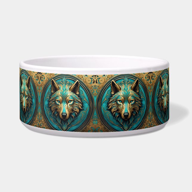 Goud en Turquoise Wolf Head Dog Voerbakje (Links)