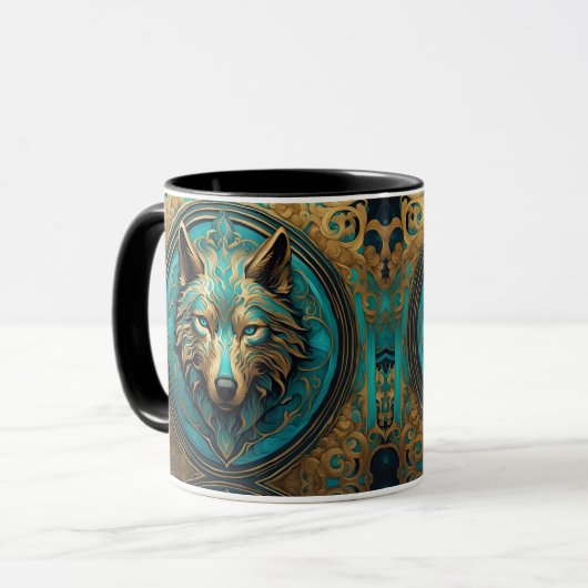 Goud en Turquoise Wolf Head Mok (Voorkant links)