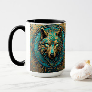 Goud en Turquoise Wolf Head Mok