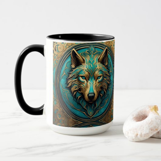 Goud en Turquoise Wolf Head Mok (Met donut)