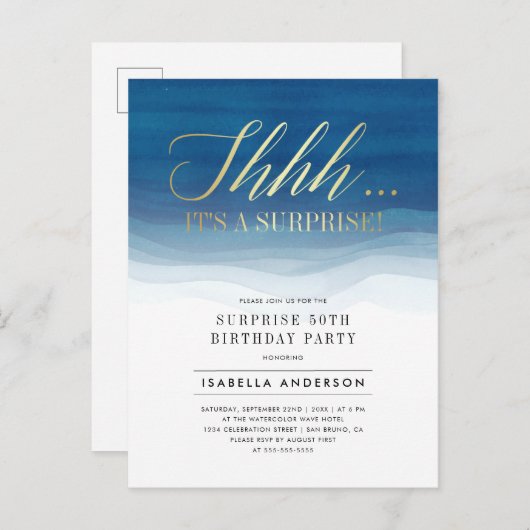 Goud en Waterverf Verrassende feestdagen Uitnodiging Briefkaart (Voorkant / Achterkant)