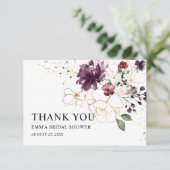 Goud en wijn bloemige dank bruidsfeest bedankkaart (Staand voorkant)