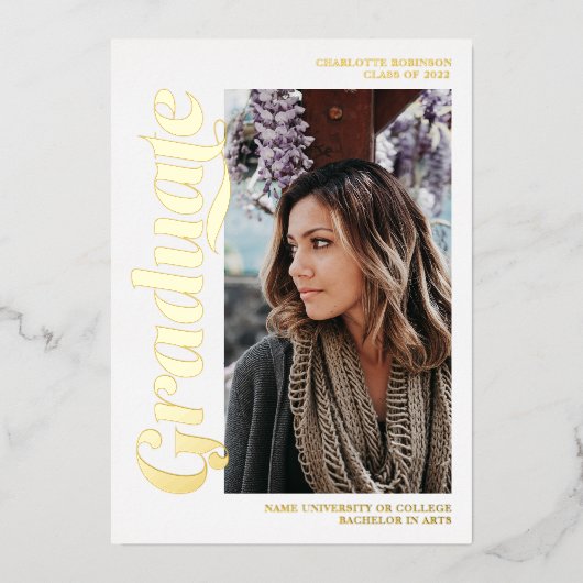 Goud en wit afstuderen manuscript 3 foto's afstude folie uitnodiging (Voorkant)