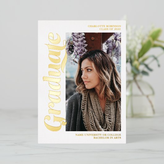 Goud en wit afstuderen manuscript 3 foto's afstude folie uitnodiging (Staand Voorkant)