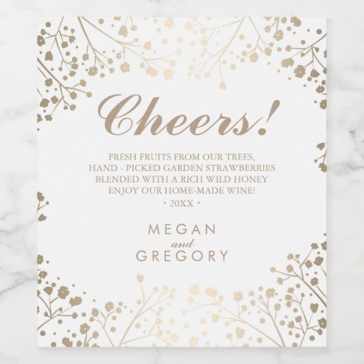 Goud en wit Baby's Breath Elegant Wijn Etiket (Enkel label)