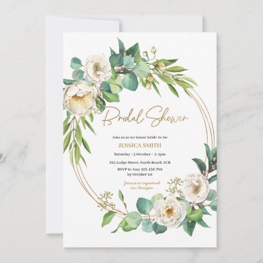 Goud en Wit Bloemen Bruids Douche Uitnodiging (Voorkant)