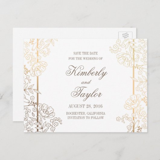 Goud en wit Bloemen Decor Save the Date Aankondigingskaart (Voorkant / Achterkant)