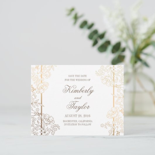 Goud en wit Bloemen  Decor Save the Date Aankondigingskaart (Staand voorkant)