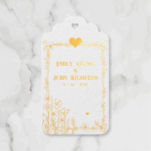 Goud en wit Bloemen Hand getrokken bruiloft Cadeaulabels (Voorkant)