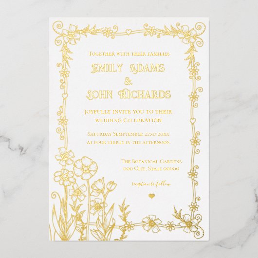 Goud en wit Bloemen Hand getrokken bruiloft Folie Uitnodiging (Voorkant)