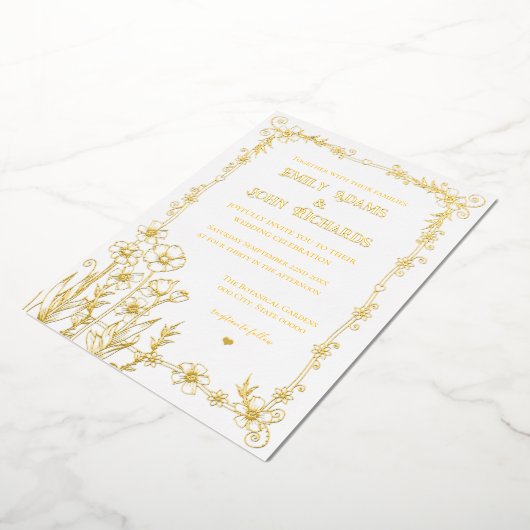Goud en wit Bloemen Hand getrokken bruiloft Folie Uitnodiging (Gedraaid)