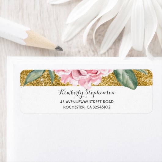 Goud en Wit  Bloemen Roze Bruiloft Etiket (Insitu)