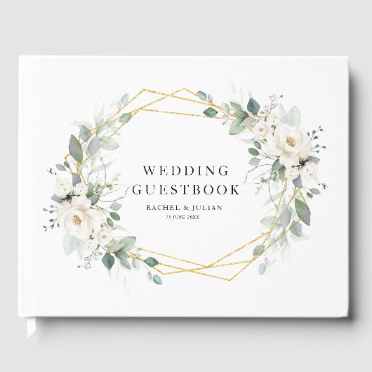 Goud en wit bloemengeometrisch bruiloft gastenboek (Voorkant)
