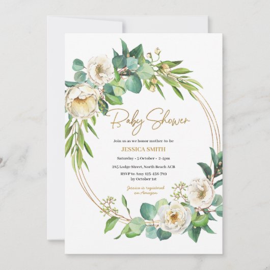 Goud en Wit bloemenuitnodiging Baby shower Kaart (Voorkant)