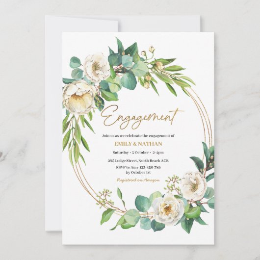 Goud en wit bloemenuitnodigingen Verloving Kaart (Voorkant)