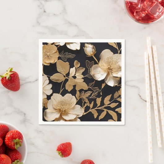 Goud en wit bloemmotief op zwart servet (Insitu)