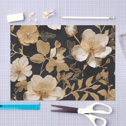 Goud en wit bloemmotief op zwart tissuepapier (Craft)