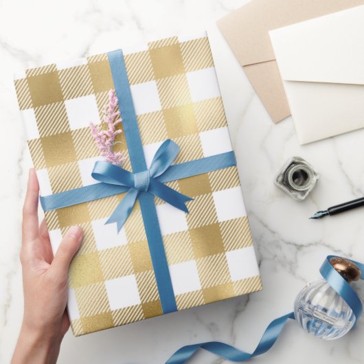 Goud En Wit Buffalo Plaid Patroon Cadeaupapier (Geschenken)