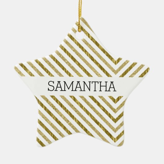Goud en wit Chique Chevron Keramisch Ornament (Voorkant)