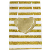 Goud en wit chique strepen hart medium cadeauzakje (Voorkant)