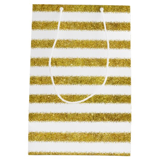 Goud en wit chique strepen hart medium cadeauzakje (Achterkant)