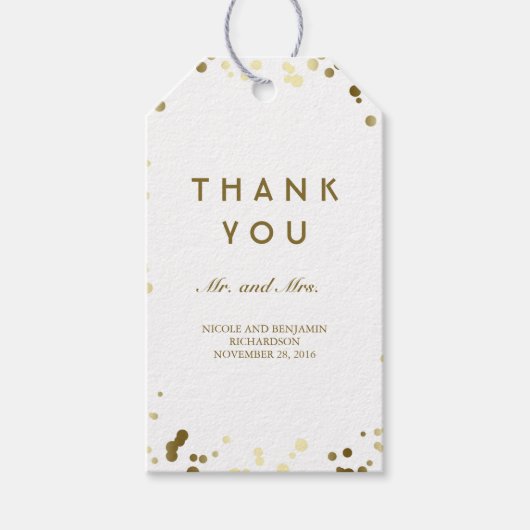 Goud en Wit Confetti Elegant Bruiloft Cadeaulabel (Voorkant)
