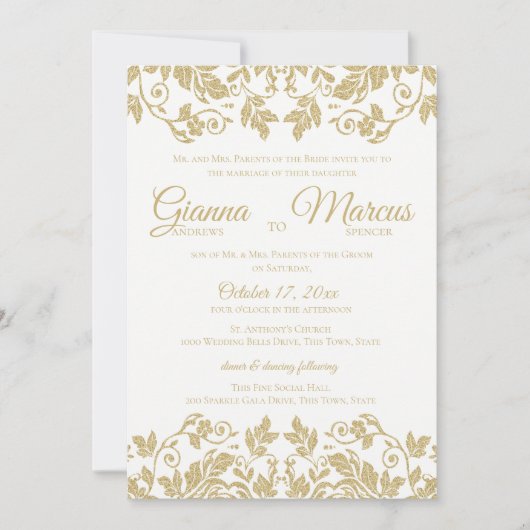 Goud en wit Damask bruiloft Kaart (Voorkant)