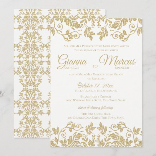 Goud en wit Damask bruiloft Kaart (Voorkant / Achterkant)