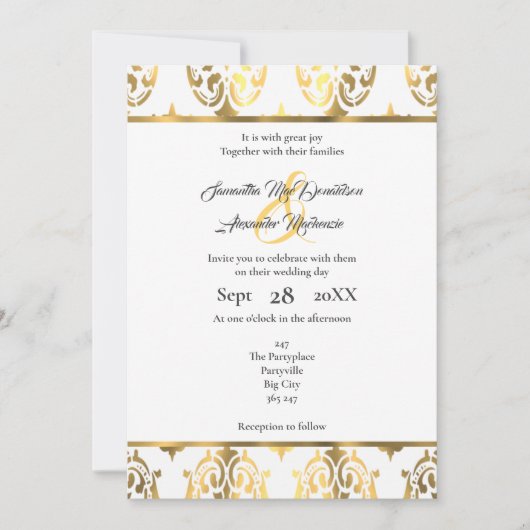 Goud en wit damast bruiloft kaart (Voorkant)