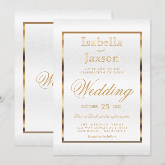 Goud en Wit Damast - Huwelijk Kaart (Voorkant / Achterkant)